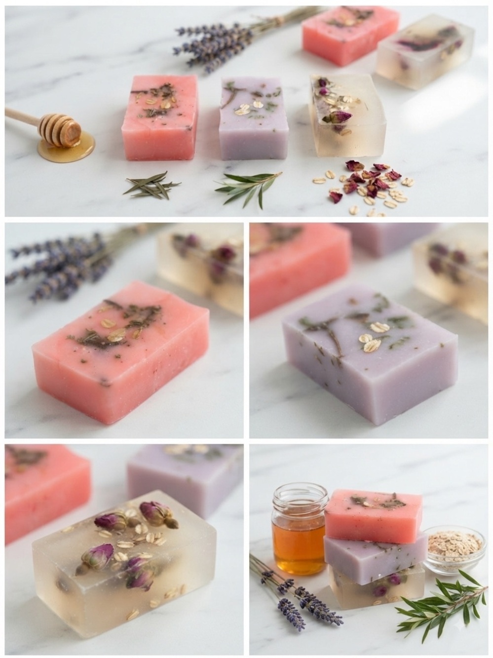 3 x Handcrafted Floral Soap Trio — Pink, Lavender & Clear Botanical Bars